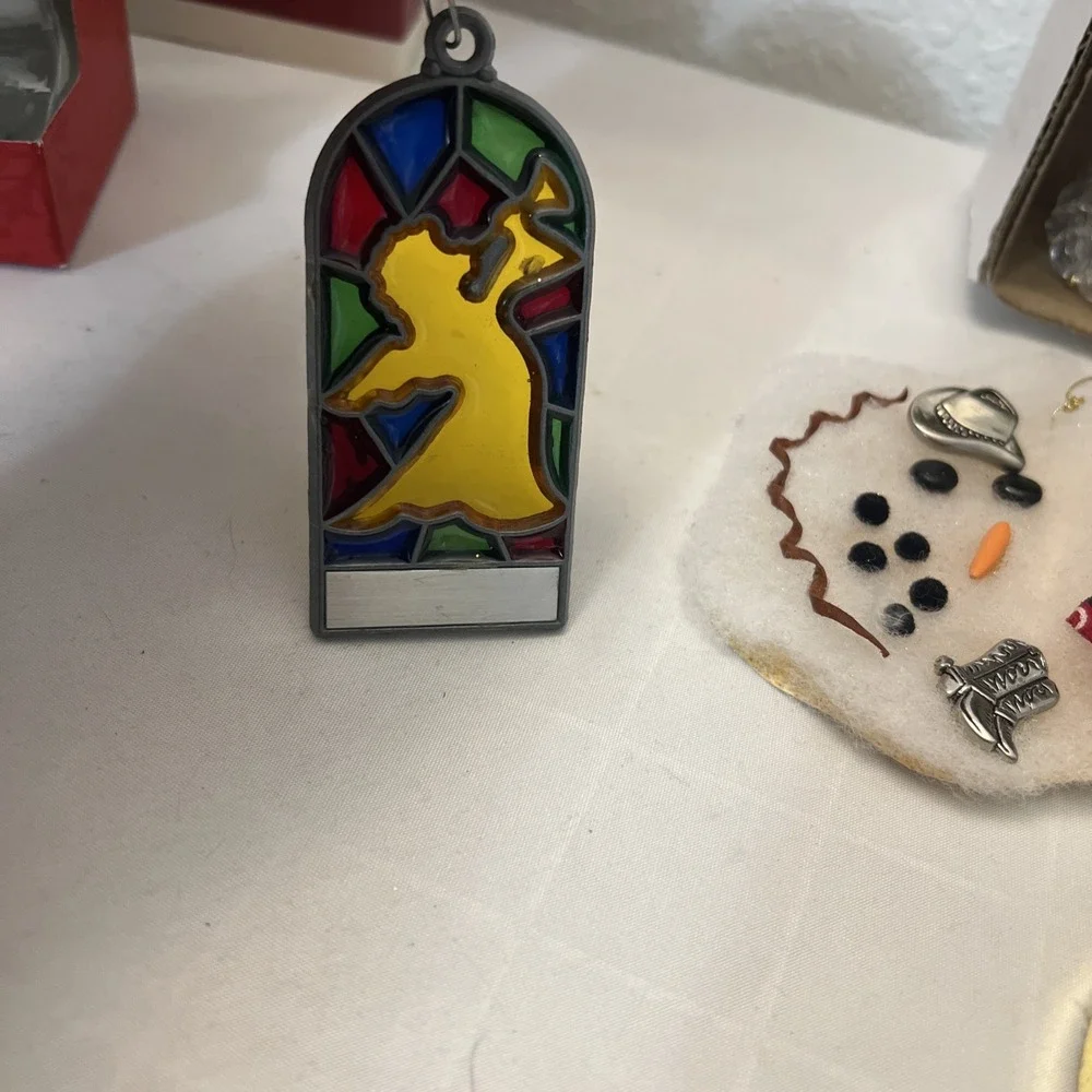 VTG Handmade Christmas Ornaments Bells Stained Glass Cross-stitched Angel Lot 12